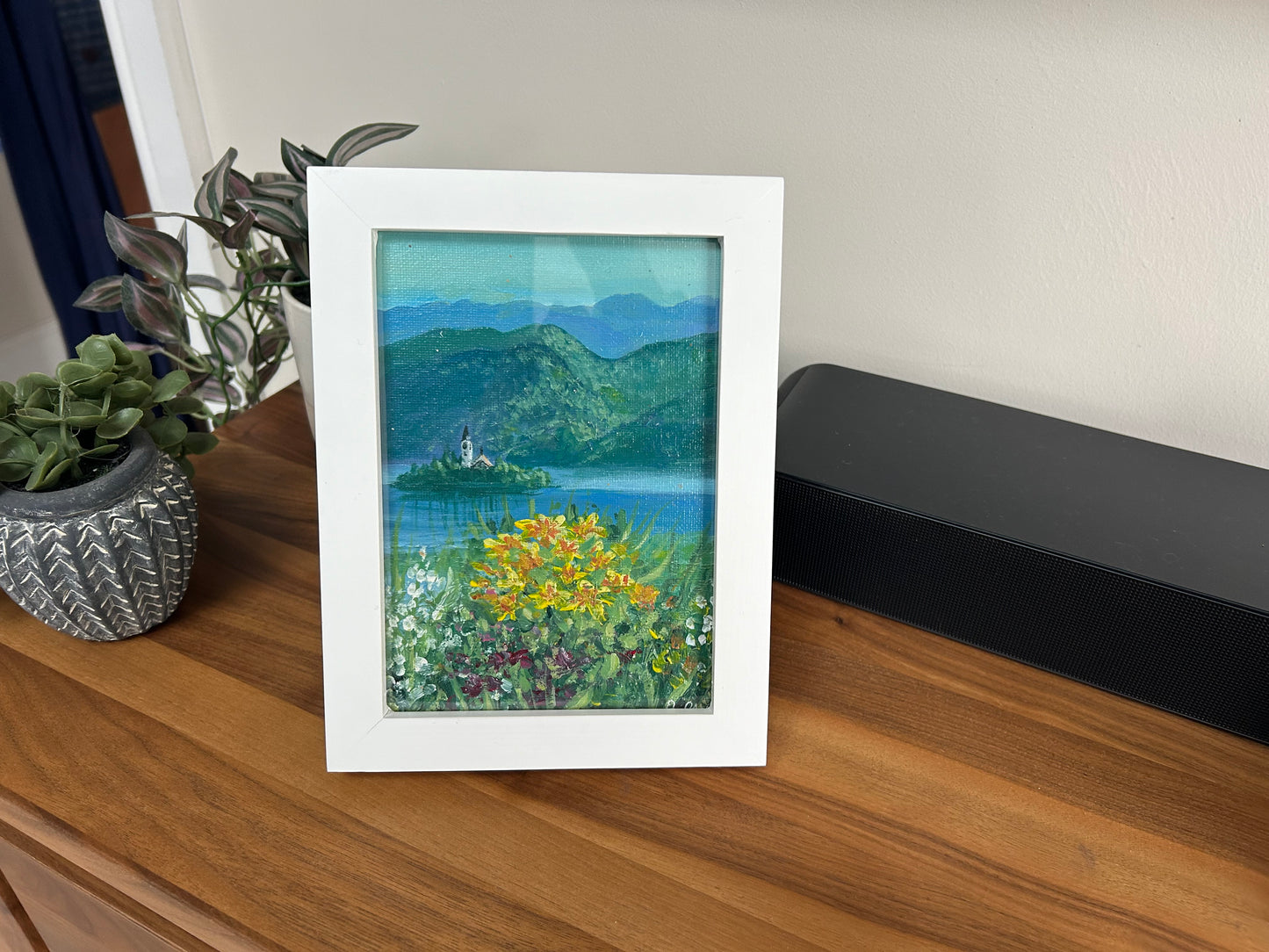“Lake Bled, Slovenia” mini, 13x18cm, acrylic on canvas board, framed