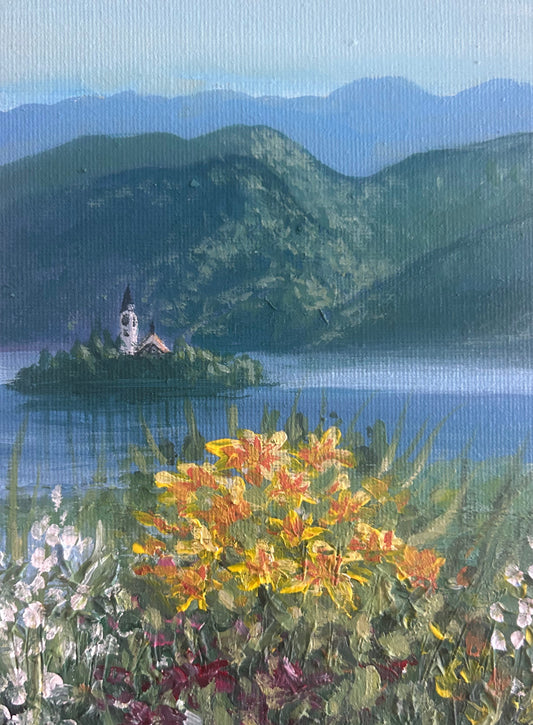 “Lake Bled, Slovenia” mini, 13x18cm, acrylic on canvas board, framed