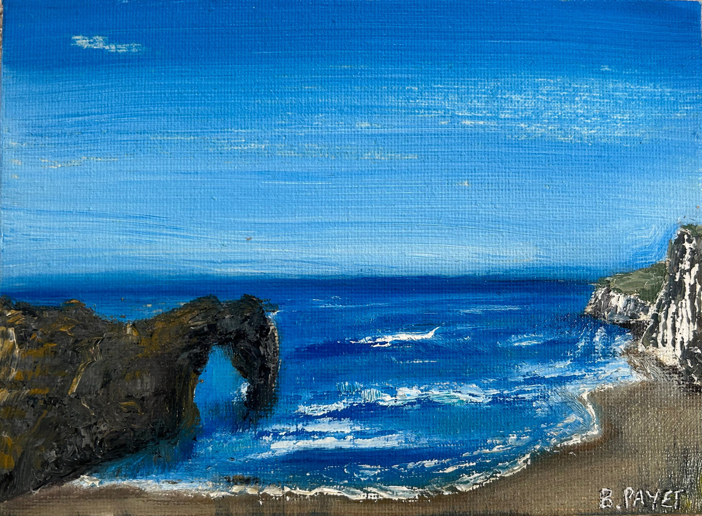 “Durdle Door in July” Mini, 13x18cm, acrylic on canvas board, framed