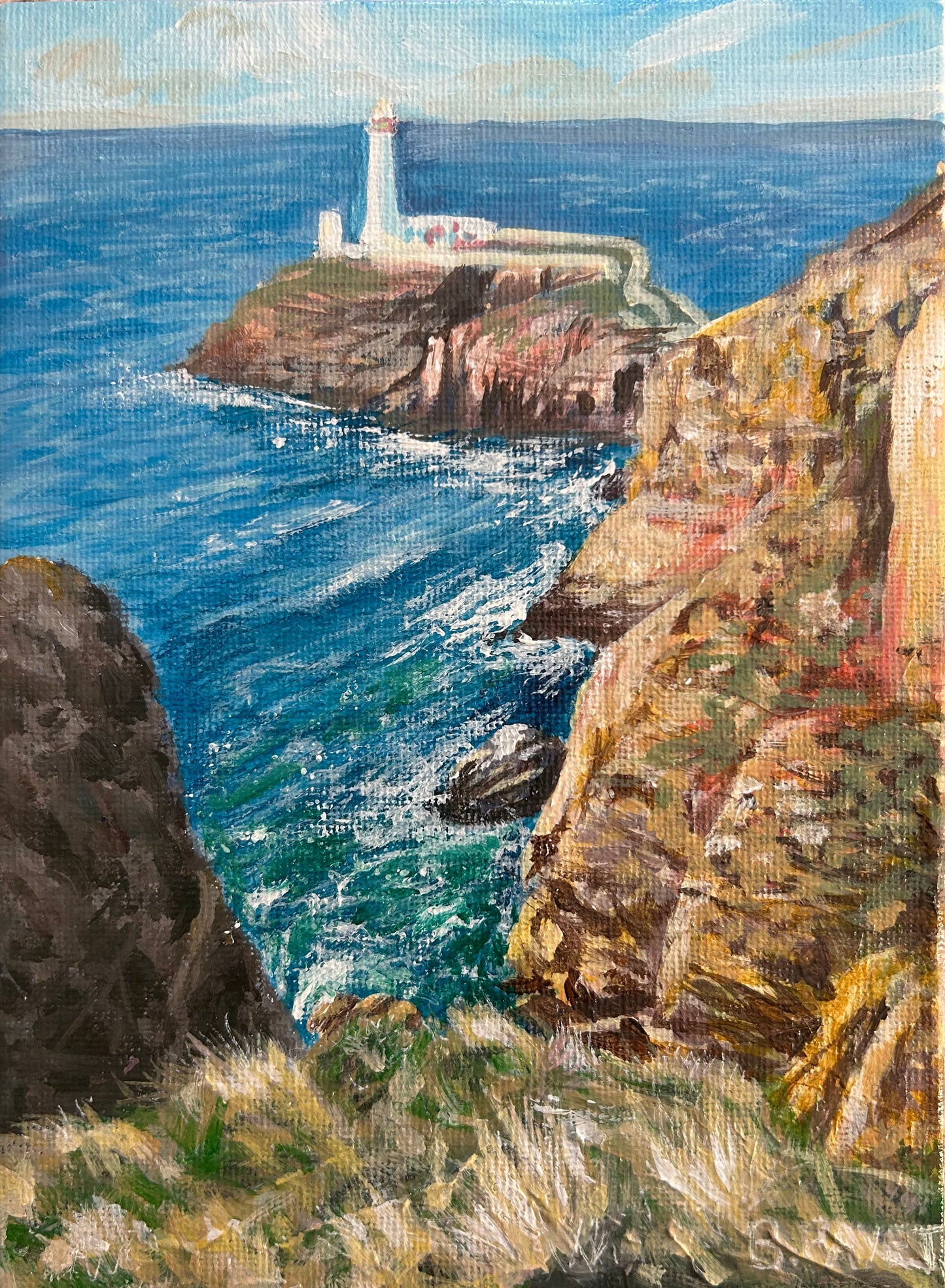 South Stacks Lighthouse, Anglesey, Mini 13x18cm, acrylic on canvas board, framed