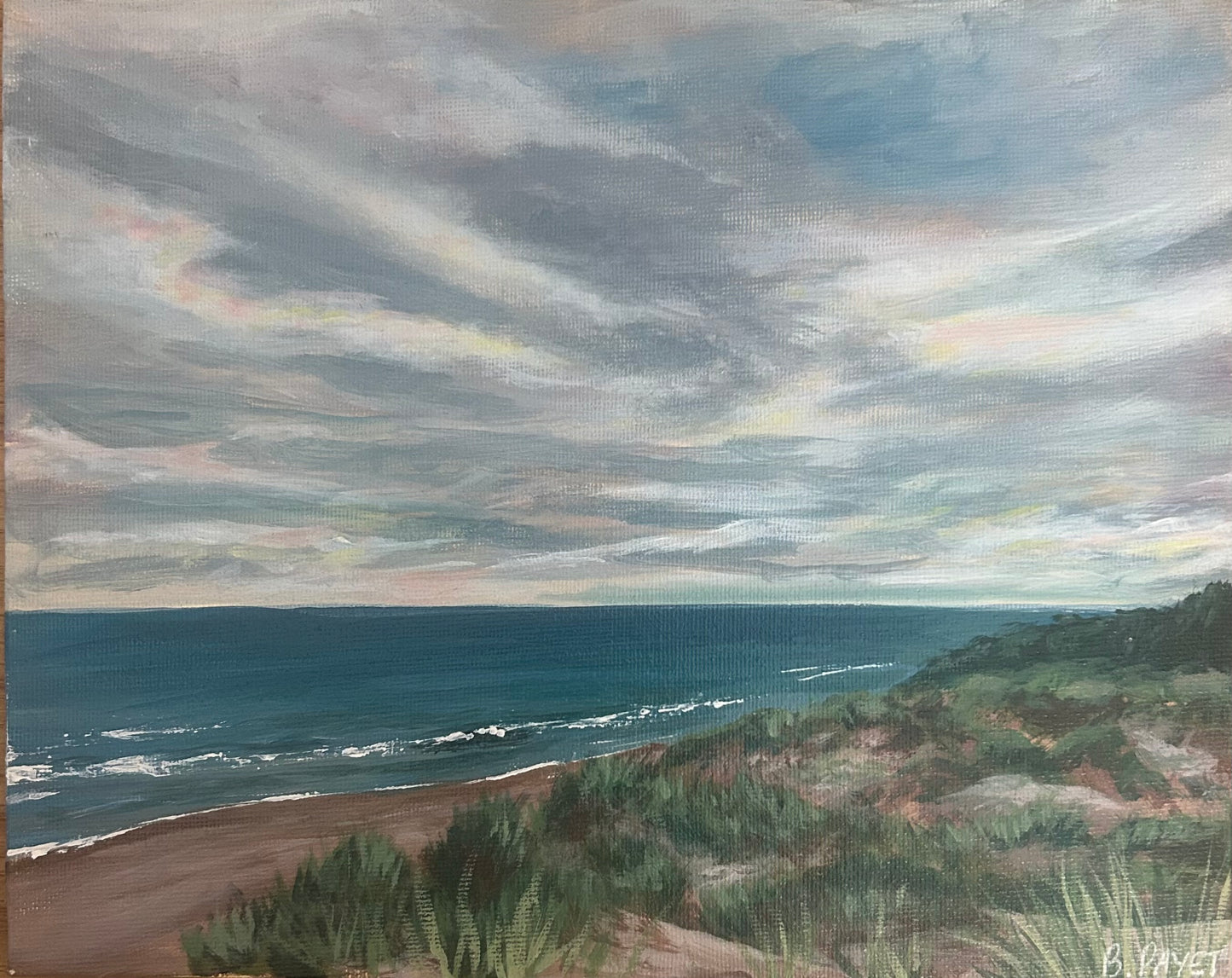“A Stroll Along the Dunes”, original painting. Acrylic on canvas board, 6x8”